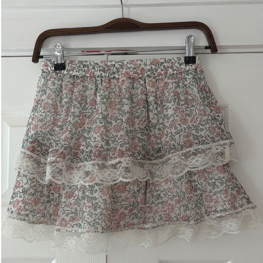Abercrombie Kids Floral Tiered Mini Skirt Lace Trim Pink Green White 11/12 NWT